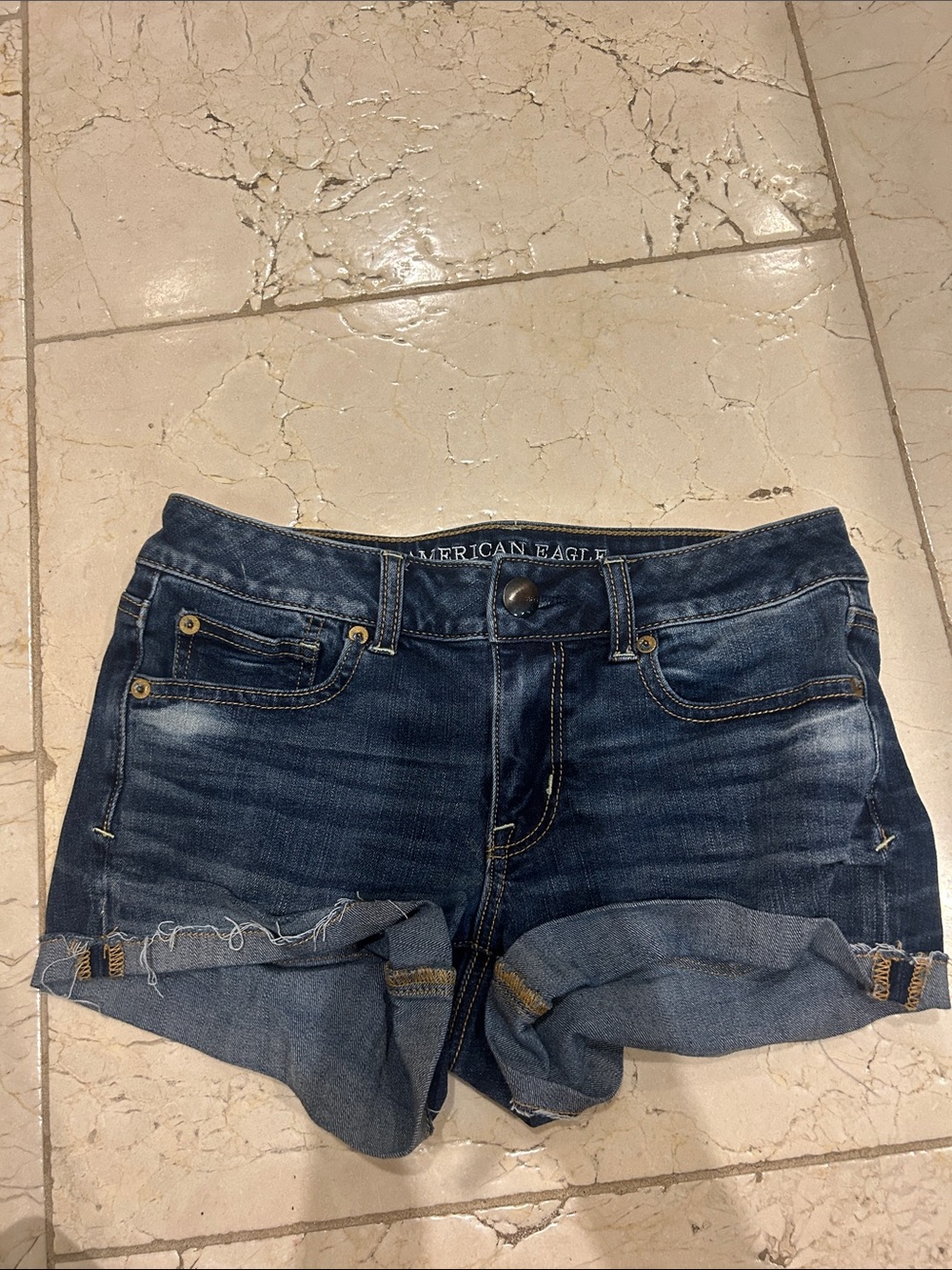American Eagle Outfitters Dark Blue Rolled-Cuff Denim Shorts